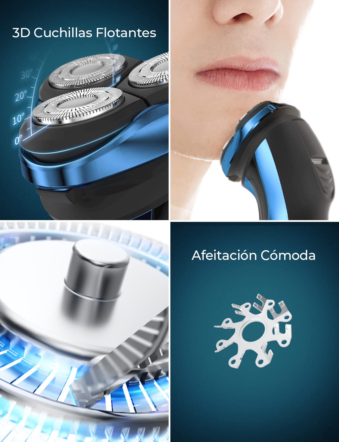 Maquinilla de Afeitar Hombre de acero inoxidable impermeable IPX 7, Afeitadora Eléctrica Inalámbrica Recargable para hombre, Afeitado en seco y húmedo, Recortador de barba con pantalla LCD,Azul