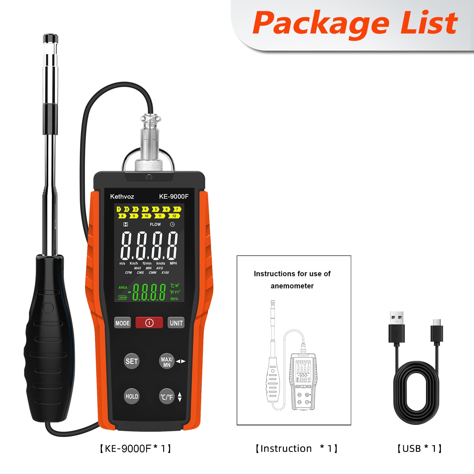 Windmesser, Thermisches Anemometer für Windgeschwindigkeit, Temperatur, Volumen, Kethvoz HVAC Windmessgerät, 0-999900 ft³/min CFM/CMM, 0.1-30M/s, mit Hitzdrahtsensor, Max/Min/Data Hold