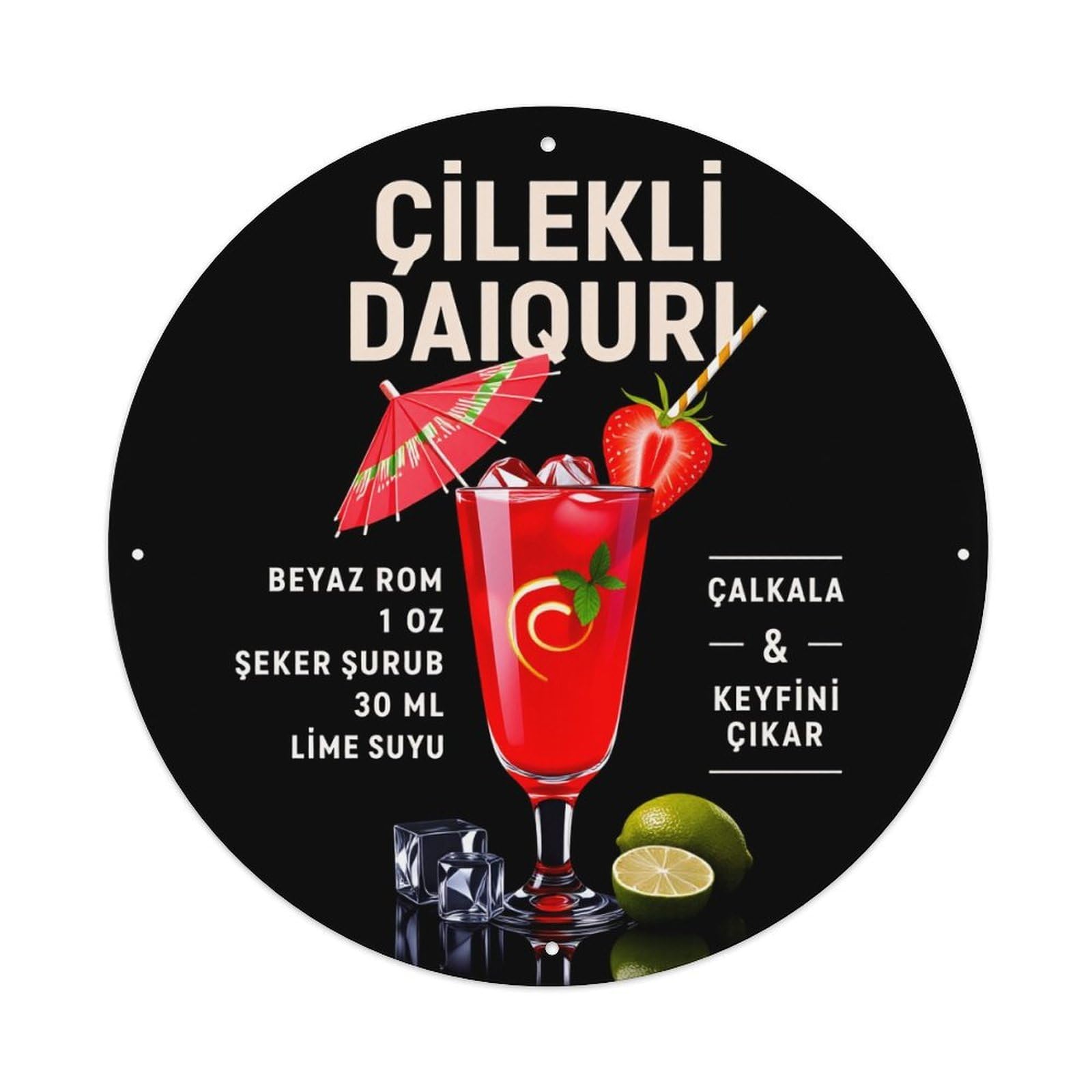 Cocktail Strawberry Umbrella Lime Ice Round Tin Sign Vintage Metal Poster Retro Bar, Home, Man Cave, Kitchen, Laundry Room Wall Art Decor Gift 8x8Inch
