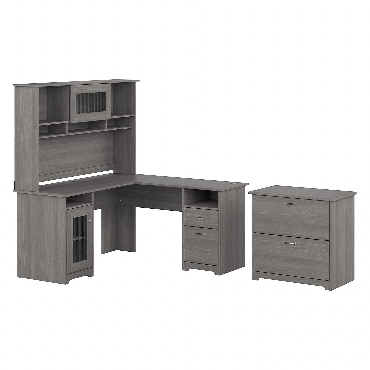 Bush Furniture Cabot 60W L Shaped Computer Desk with Hutch and Lateral File Cabinet in Modern Gray