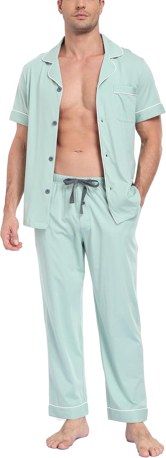 CF Men's 100% Cotton Pajama Sets Short Sleeve Sleepwear Button Down Pj Set Lightweight Long Pants Loungewear with Pockets