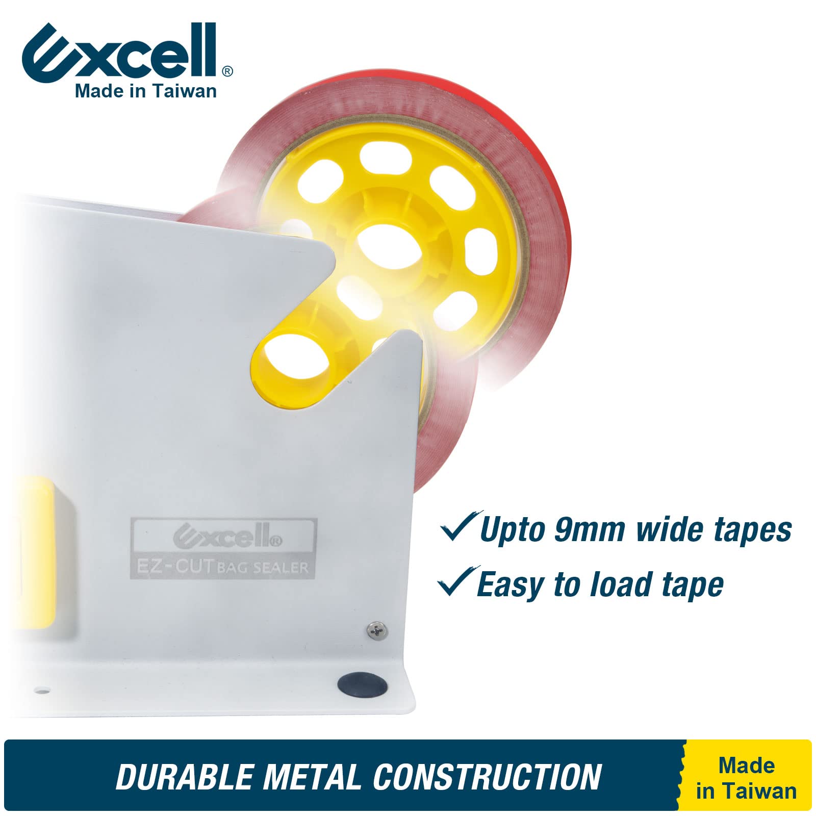 Excell EZ-CUT Taśma uszczelniająca do worków z taśmą do przycinania brzeszczotek o szerokości 9 mm z 1 rolką taśmy uszczelniającej do worków, wytrzymały metalowy dozownik taśmy uszczelniającej do