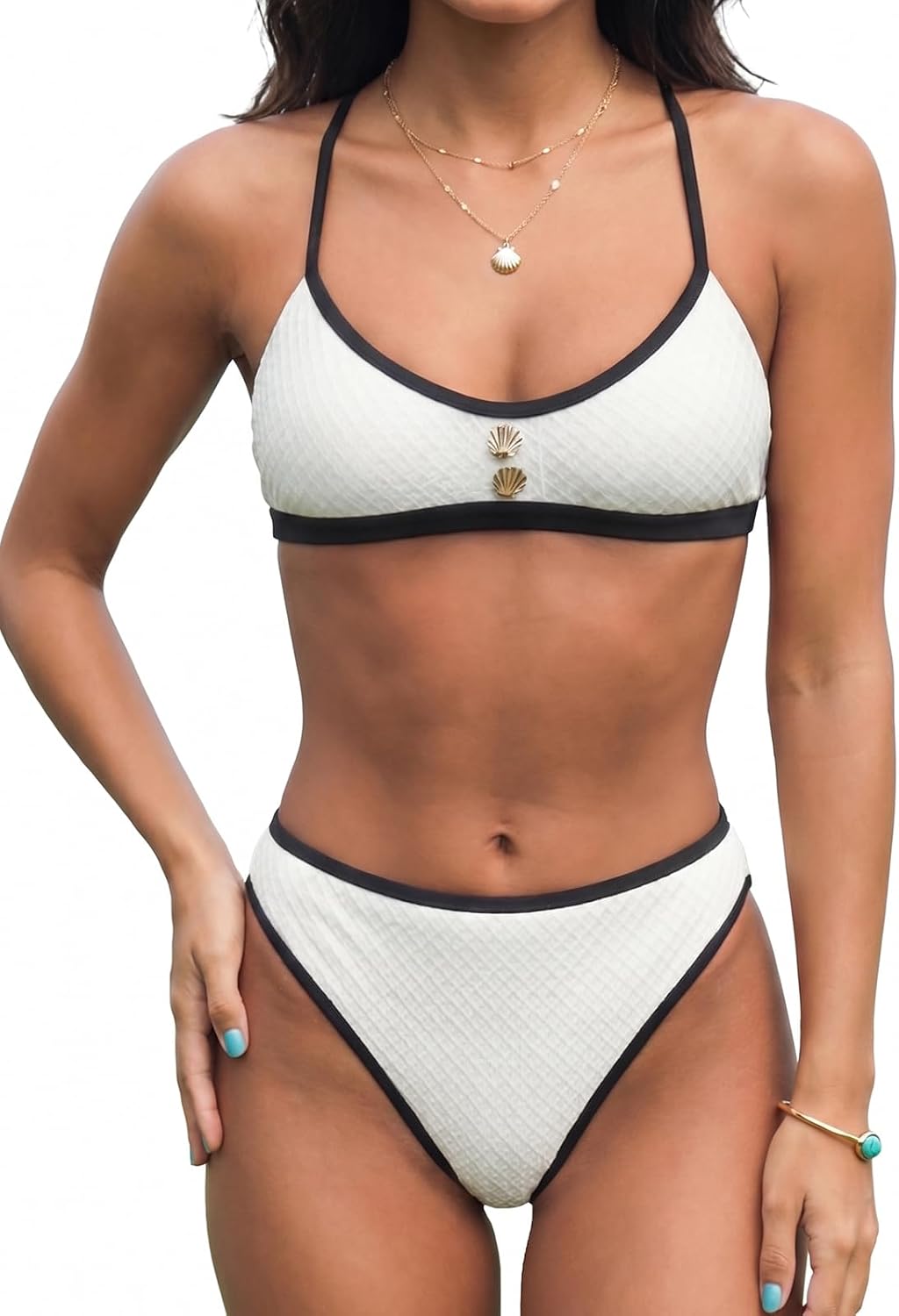 CUPSHE Women's Bikini Set High Waisted Scoop Neck Two Piece Swimsuit | Textured,Crossback,Self Tie,Color Block,Soft Removable Cups,Flattering Bathing Suit For Vacation And Beach