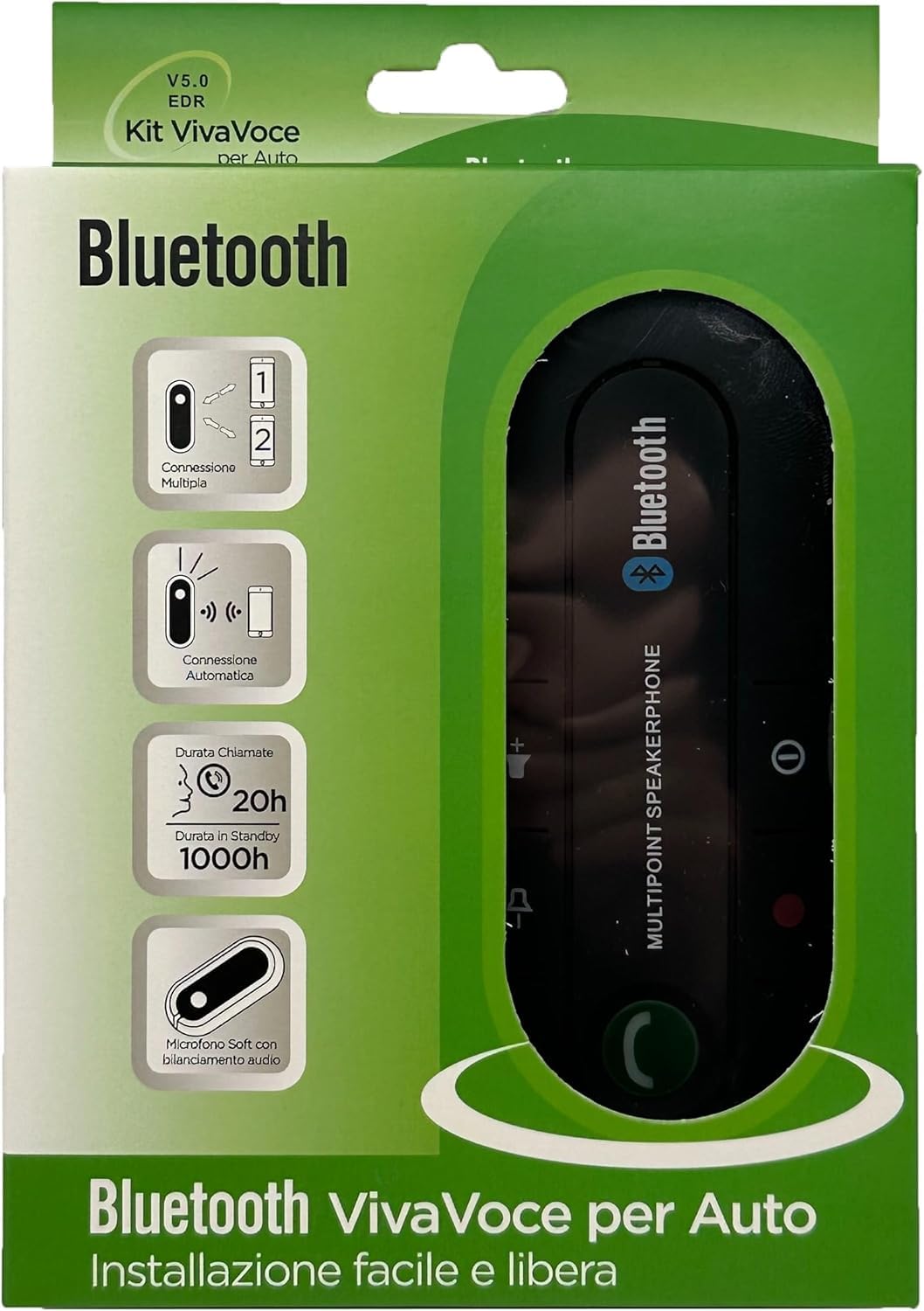Kit Vivavoce per Auto, Casa, Ufficio. Bluetooth 5.3. 20 ore di chiamate. 1000 ore in standby. Altoparlanti 2 W. Funziona con Siri Google Assistant Support