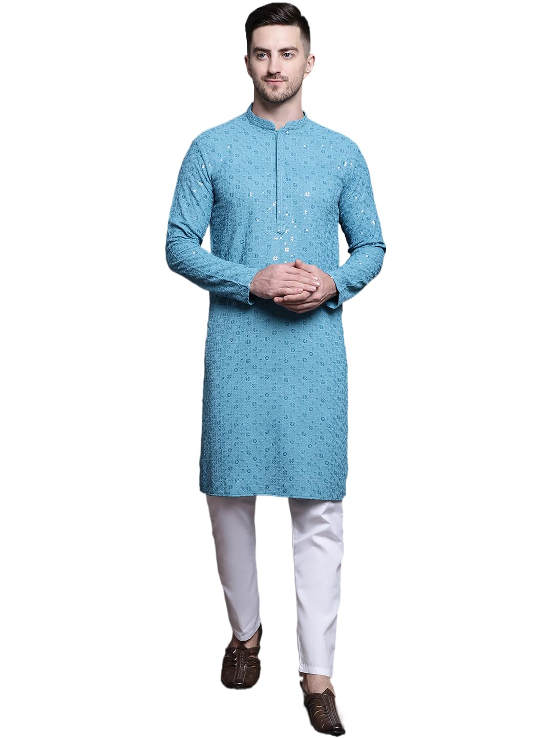 Jompers Men's Sequin Embroidered Pure Cotton Kurta With Pyjamas (Blue, Xxl)