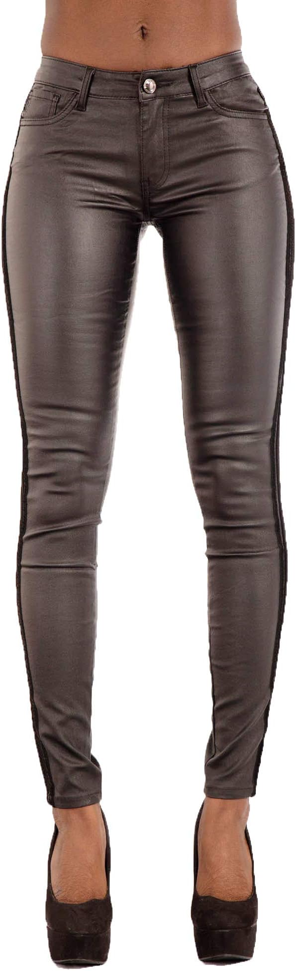 GlookWomens Leather Look Trousers Ladies Mid Waist Wet Look Leggings Slim Fit Jeans