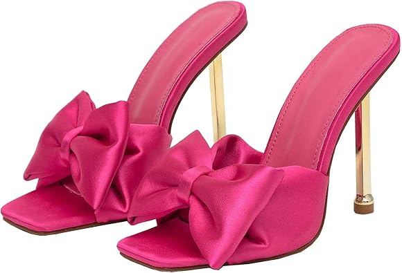 Lossarye Women's Square Open Toe Bow Stiletto Heel Mules Comfortable Satin Slip On Wedding Bridal Party Dress High Heels Sandals