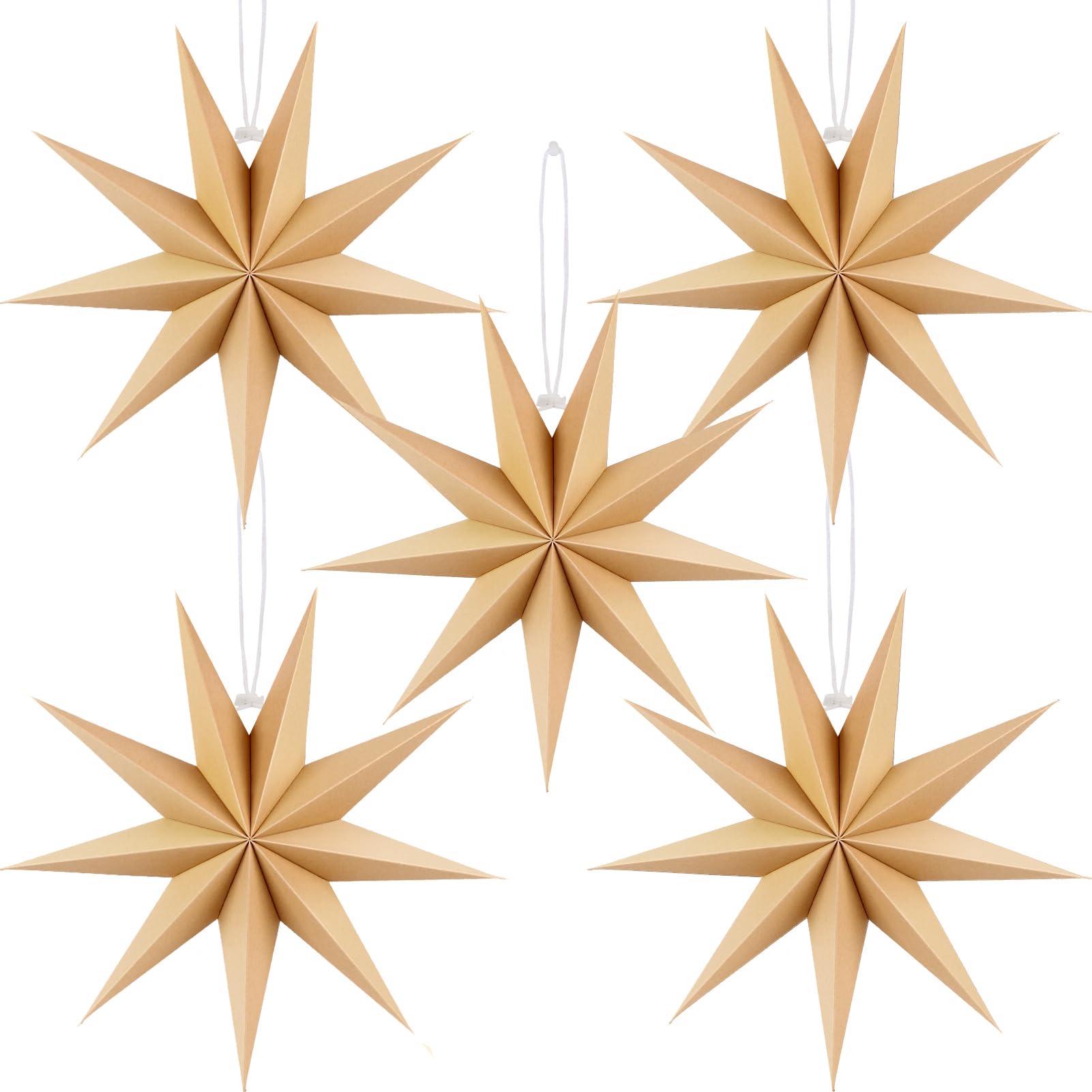 12 Inches 5 PCS Natural Paper Star Lanterns Christmas Hanging Lamp Rustic Paper Decorations Shade Wedding Birthday Christmas Home Party Decorations (9 Pointed)