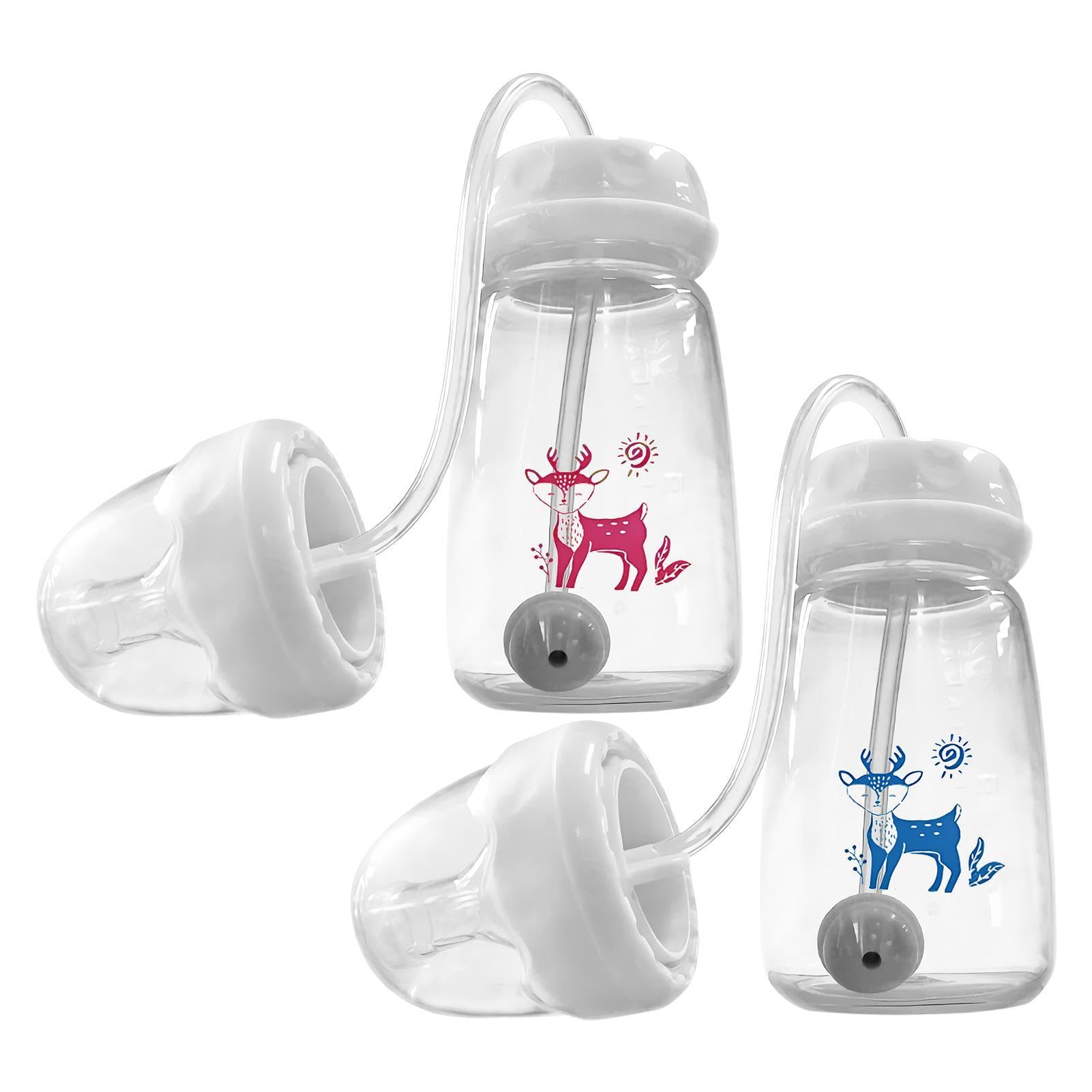 2pack Hands Free Anti Colic Feeding Bottles, 150ml Transition Bottles with Nipple Straw, Adjustable Nursing Flow Pacifier Bottle Feeder for Indoor Outdoor Home Hotel Travel Camping Travel