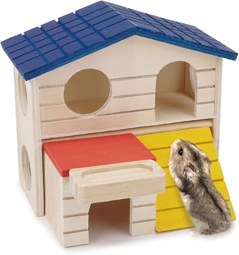 Miniatura 2 de Cabaña de escondite para hámsteres pequeños Animales de dos capas Casa de madera para ratones Gerbo Rata enana Jaula de hámster Juguete de ejercicio