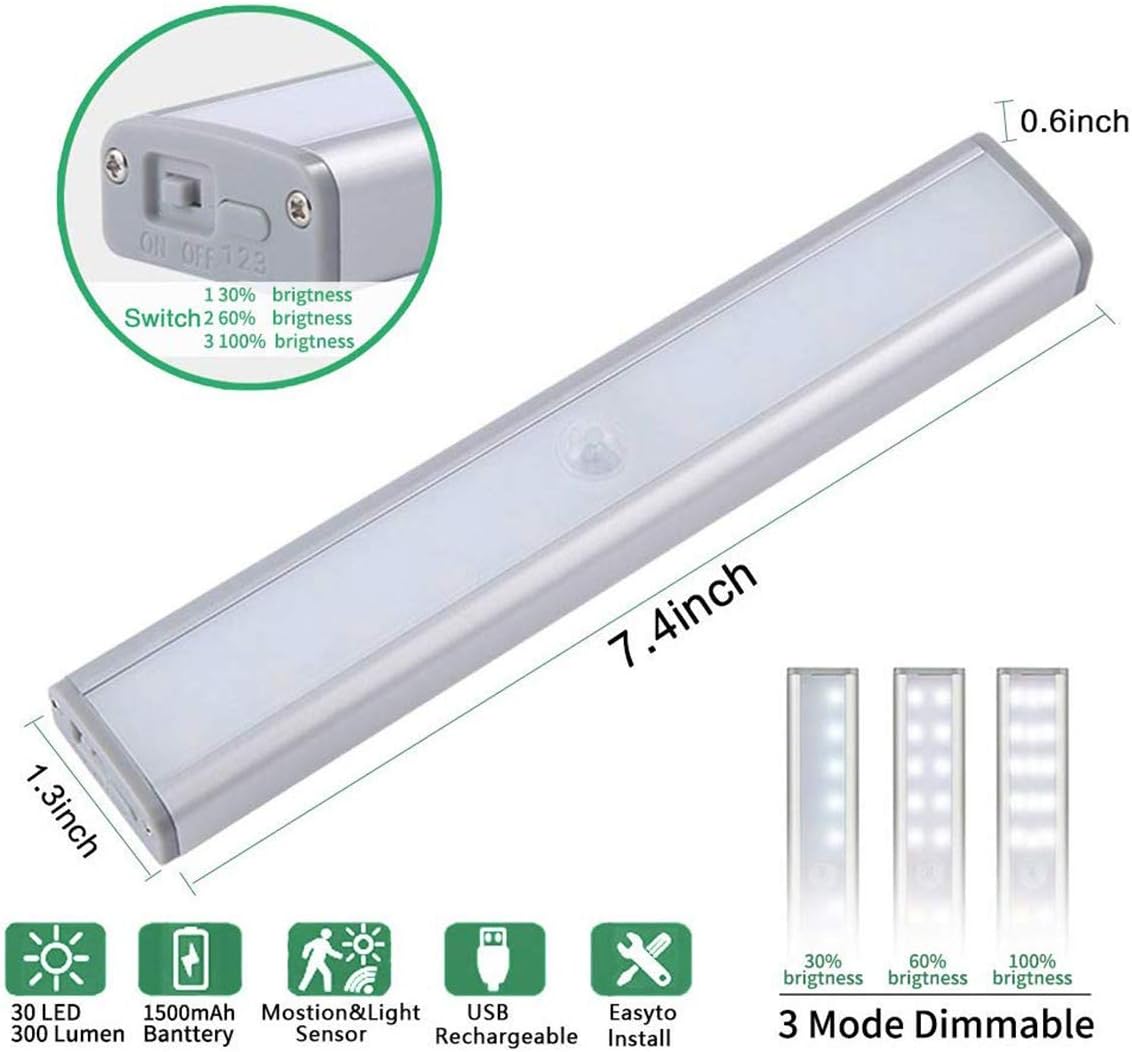 iBetterLife Motion Sensor Closet Light - 3 Pack 30 LED Dimmable Rechargeable Night Light, Wireless Under Cabinet Lighting Bar, Stick on Hallway Wardrobe Kitchen Kids Bedroom, 6 Lightning Modes Lamp