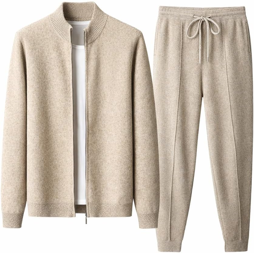 Men's Spring/Autumn Cashmere Suit Thickened Stand-Up Collar Wool Cardigan Casual Pants Two-Piece Sportswear Set