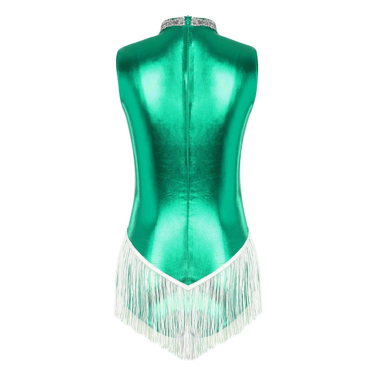 Body con frange altalene senza maniche body per le donne paillettes nappa body latino tango cha-cha danza costume performance, Argento, M