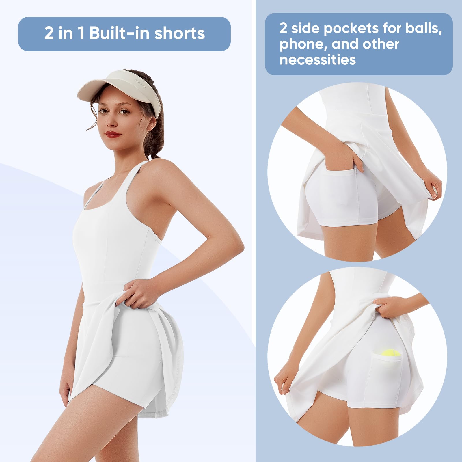 Bezioner Robe Tennis Femme Robe Zippée de Sport Dos Nageur Robes Golf avec Soutien-Gorge Short Intégré et Poches Tenue Tennis
