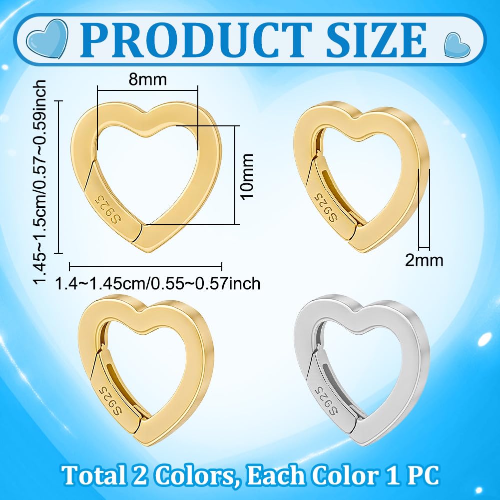 PH PandaHall 2pz Anelli a Molla a Forma di Cuore in 925 Argento Sterling Chiusura a Molla in Argento e Oro, 15mm Chiusure per Collane a Cuore per La Creazione di Gioielli Braccialet