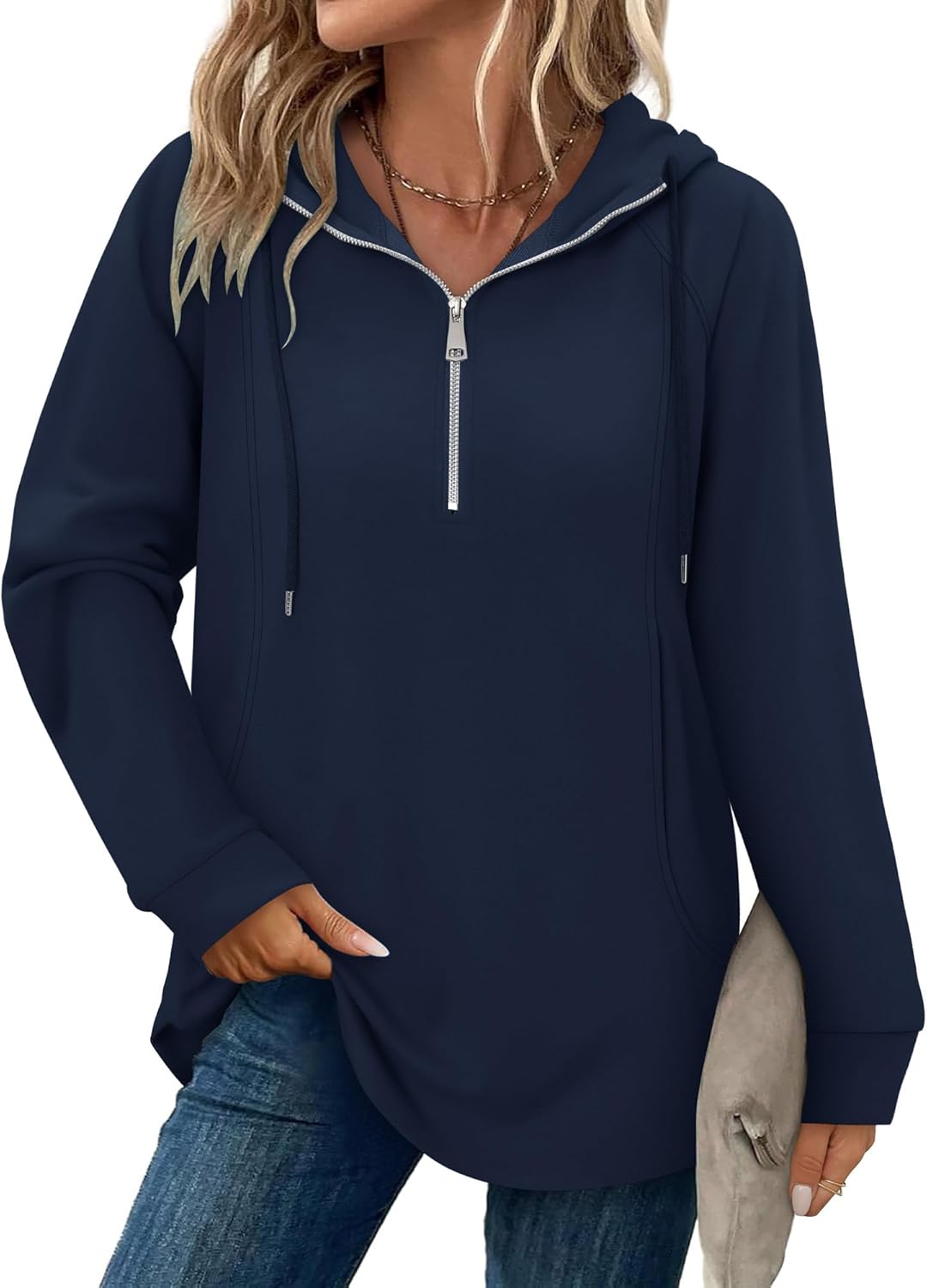 onlypuff Women Hoodie Pullover Trendy Quarter Zipper Lapel Sweatshirts Drawstring Cute Hooded Tunic Tops with Side Pockets - Image 3