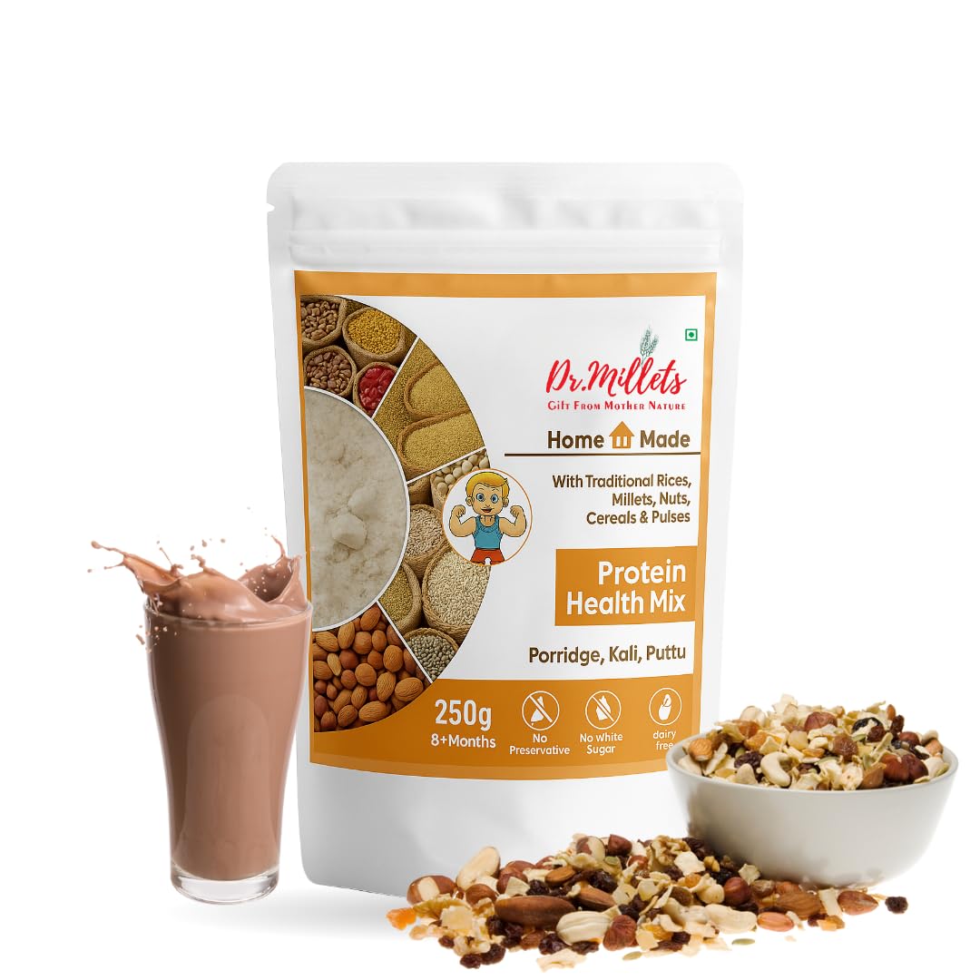 Dr. Millet’s Protein Malt Health Drink Powder – With Badam, Cashew & Elaichi | Instant Milk Mix | High Protein Nutrition Drink | No Preservatives | 250g