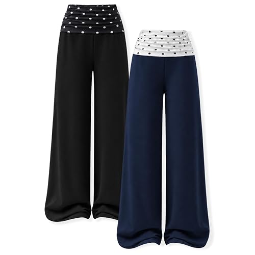 KIDLAGA 2 Pack Tween Girls Sweatpants Wide Leg High Waist Sweat Polka Dots Pants for Girls Size 7-14 Years