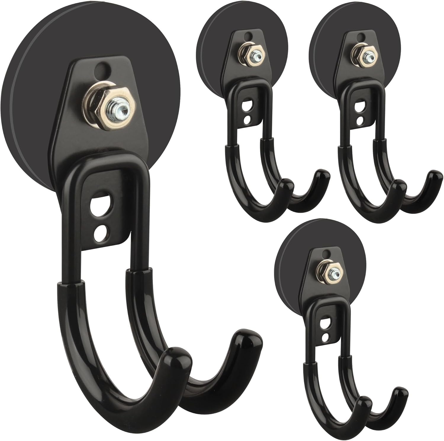 ULIBERMAGNET Strong Garage Magnetic Hooks, 4 Pack Black Heavy Duty Large J Hooks with Magnet, Non-Slip Coating - for Garden Tools, Ropes and Drills