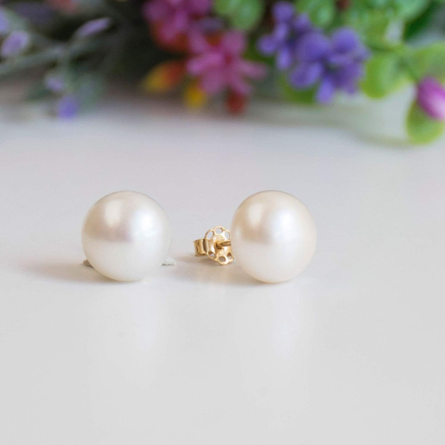 14K Solid Gold Pearl Stud Earrings for Women – June Birthstone 10mm Round Cultured Freshwater Gem - Bridesmaid Wedding Jewelry - Boho Yellow Gold Earrings - Handmade Delicate - Elegant Jewelry