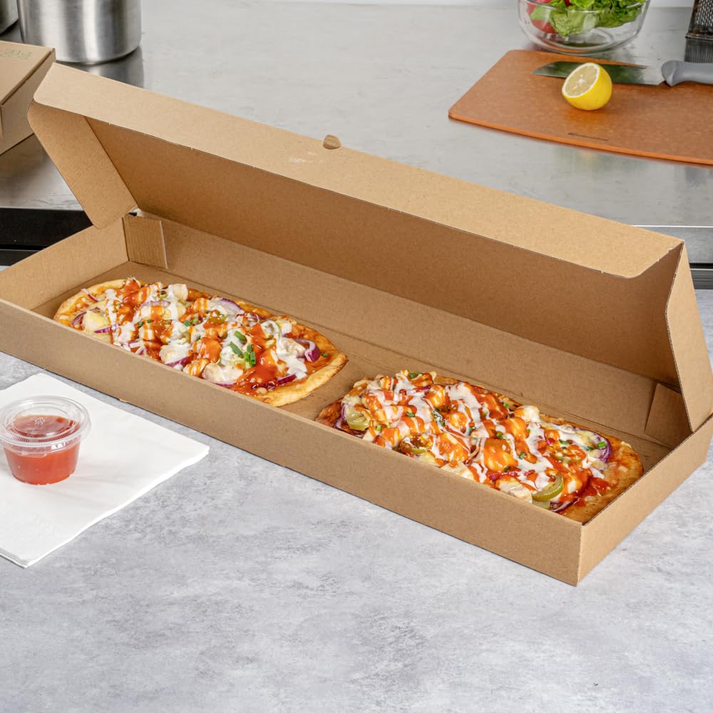 Restaurantware Eco Pie - Cajas de pan plano para llevar de 24 x 12 x 2 pulgadas, 50 cajas de pizza corrugadas resistentes, diseño de flauta, sistema de bloqueo de pestañas, cajas de pizza de papel