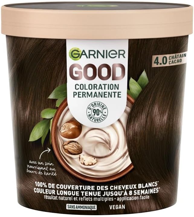 La couleur permanente Garnier Châtain Cacao combine une formule vegan à 90 % d'ingrédients naturels, du beurre de karité
