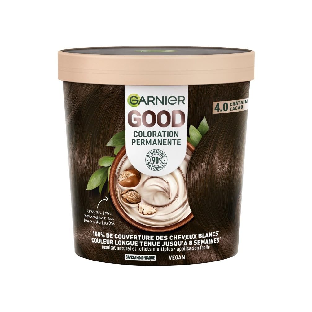 Garnier - Coloration Permanente - Sans Ammoniaque - 90% d'Ingrédients d'Origine Naturelle et Formule Vegan - Beurre de Karité - 100% Couverture Cheveux Blancs - Châtain Cacao (4.0) - Good