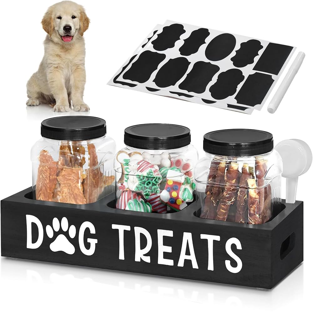 Niciksty Dog Treat Container for Countertop, Dog Food Storage Container with 3 Jars, Dog Food Storage Canister for Kitchen Countertop, Pet Food Organizer For Puppy, Black