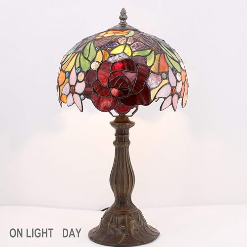 Miniatura 3 de WERFACTORY Lámpara de mesa estilo Tiffany, lámpara de noche de vidrieras, luz de lectura de escritorio de rosa roja, 10 x 10 x 18 pulgadas,