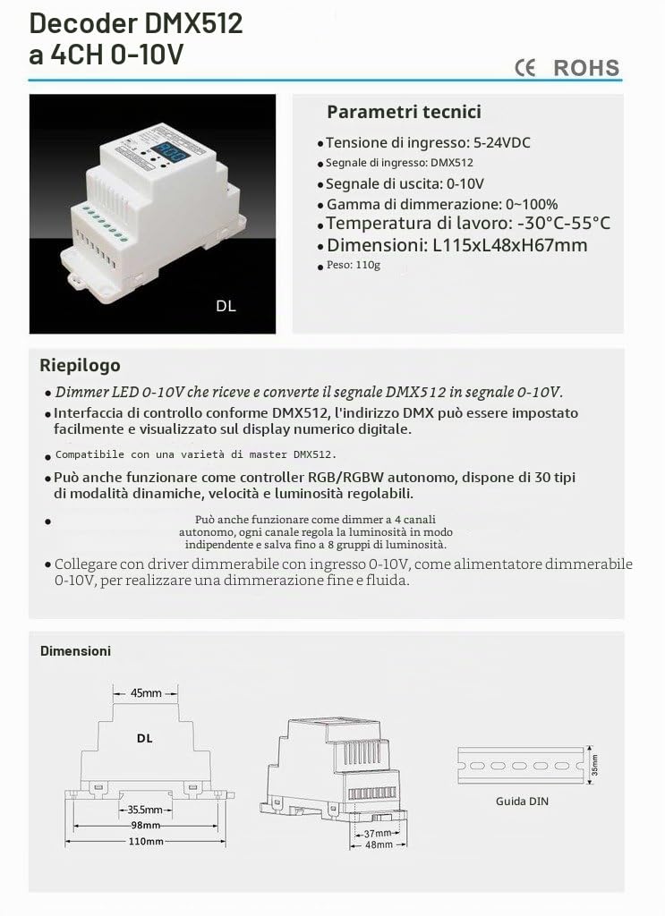 DMX512 to 4CH 0-10V Decoder 0-10V LED Dimmer DMX512 Signal to 0-10V Signal RGB/RGBW controller 4 Channel Dimmer 5-24V
