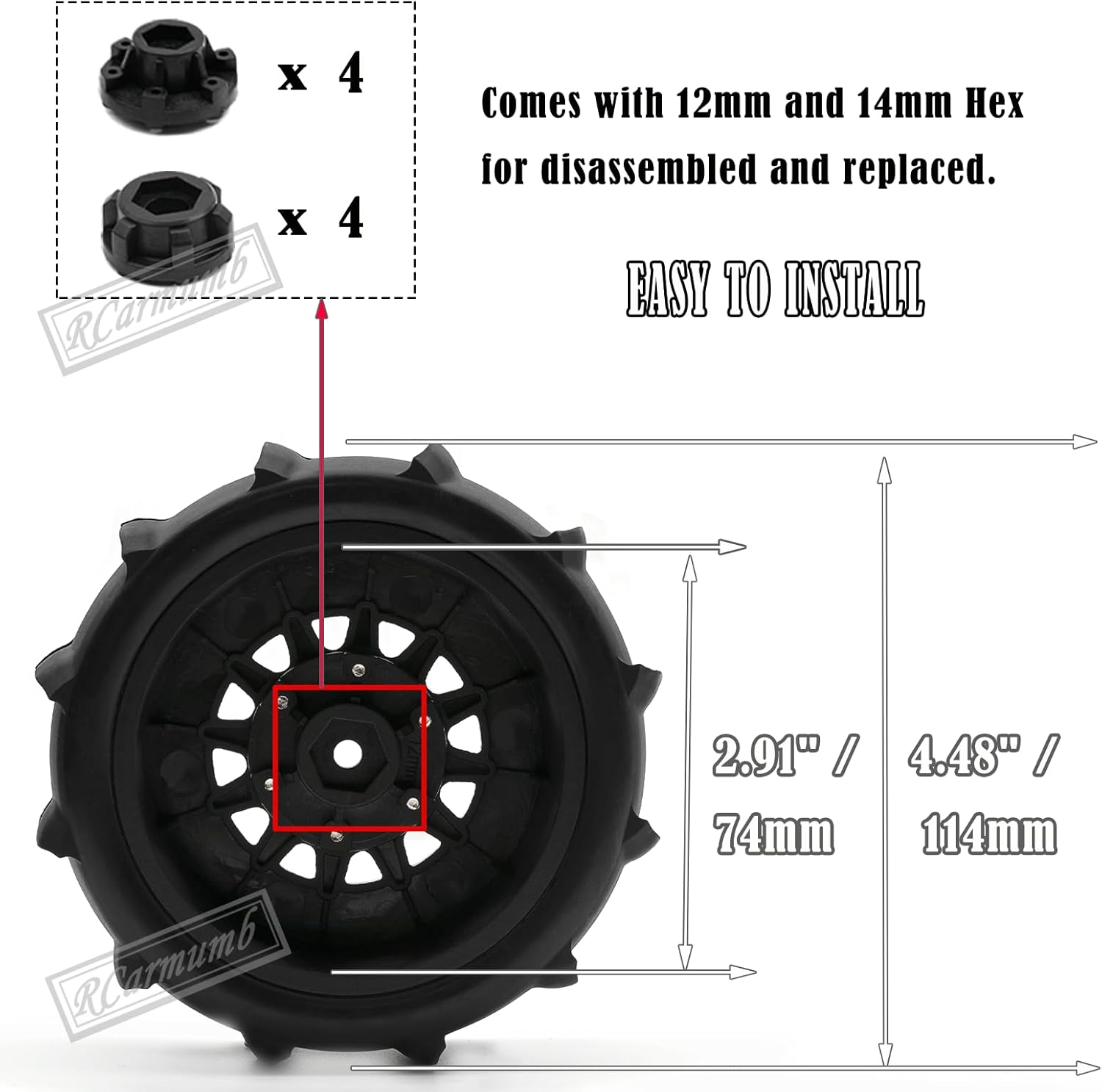 12mm/14mm Hex RC Wheels and Tires for 1/10 Slash 2WD 4×4 4wd,Arrm a Senton Axia1 Red cat Rc 4wd Hex Detachable Replacement Snow Tires Desert Tires,4pcs Rc Truck Tires,Black