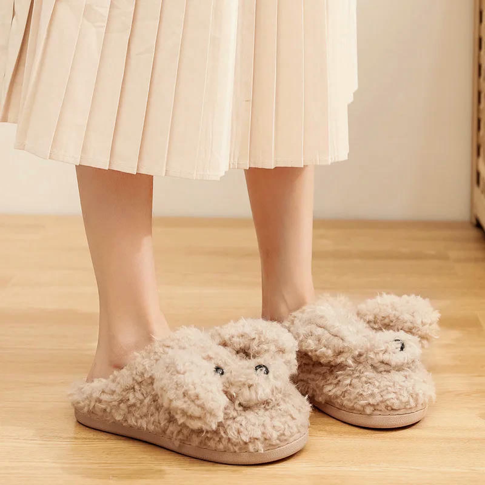Pantuflas Zapatillas Cortas De Invierno para Mujer, Zapatos Cálidos Y Acogedores Algodón El Hogar, Antideslizantes Parejas Perros Lindos Interiores-Perro Caqui1-44-45(Ajuste 43-4
