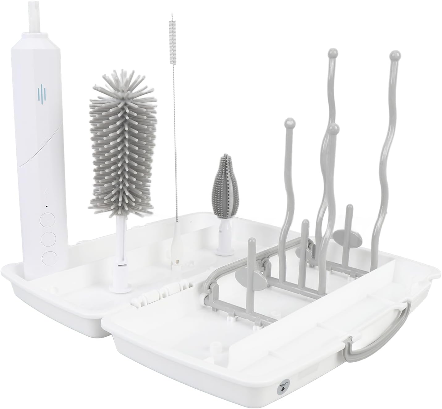 Electric Bottle Brush Set, Rechargeable Electric Bottle Cleaning Brush with 3 Speeds, 2 Replaceable Heads and Drying Rack, Travel Friendly Bottle Brush Cleaner for Baby Bottles, Wa
