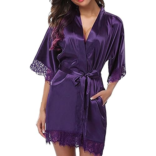 Sexy Satin Rrobe for Women V Neck Silk Bathrobe Short with Belt Lace Trim Kimono Robes Nightgown Sleepwear Purple,Large