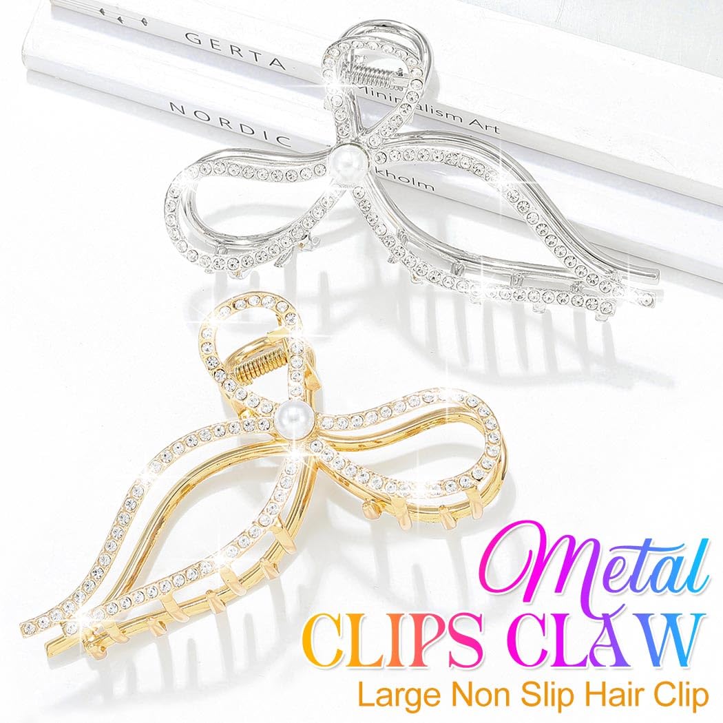 CAKURE Pinzas para el cabello con diamantes de imitación dorados, pinzas grandes antideslizantes para el cabello, accesorios brillantes para el cabello para mujer (paquete de 2) (a-dorado y plateado)