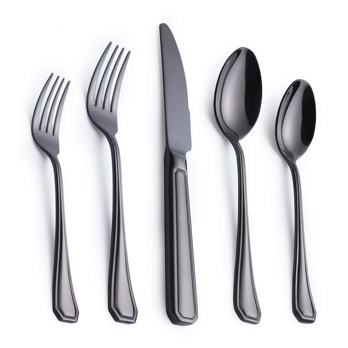 Silverware Set Black Utensil Flatware Tableware Cutlery 24 Piece 18/10 Stainless Steel Mirror Finish Service for 6 Include Dinner Knife Fork Spoon Teaspoon Diswasher Safe