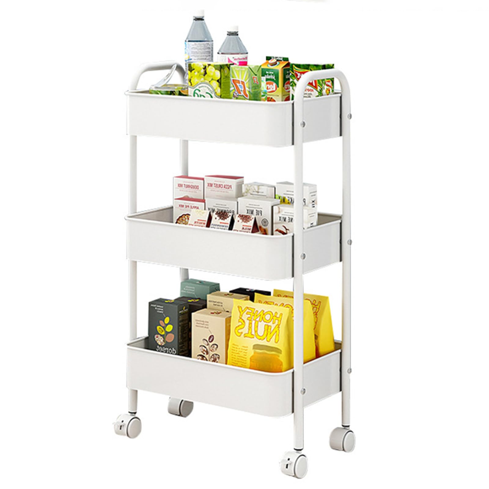 Carrello portaoggetti in materiale metallico, carrello a 3 livelli su ruote, carrello portaoggetti, dotato di tazze e ganci aggiuntivi, adatto per cucina, bagno, ufficio, soggiorno (3 livelli bianco)
