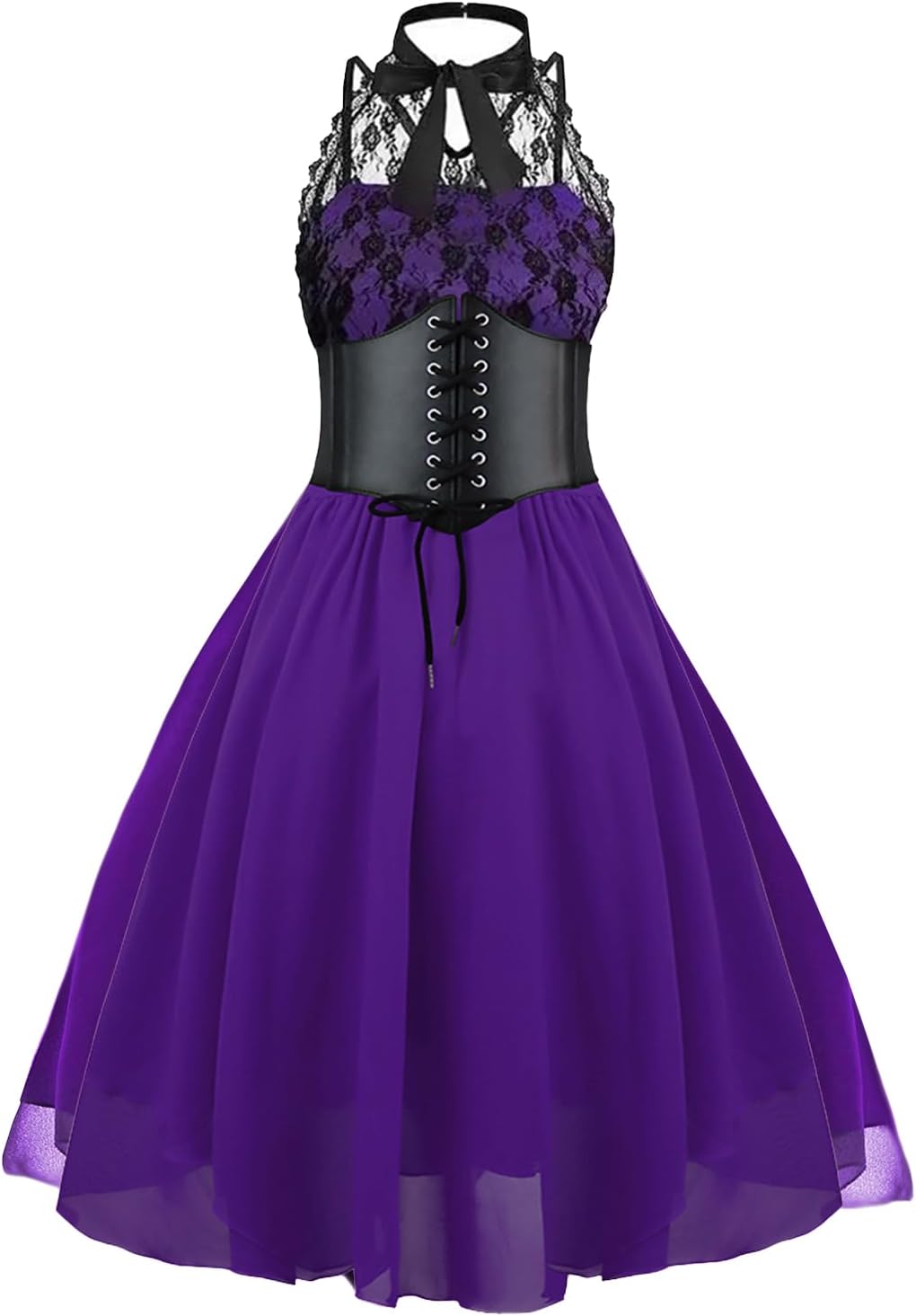 GOLDSTITCH Women's Sleeveless Gothic Lace Dress with Corset Halter Lace Swing Cocktail Dress