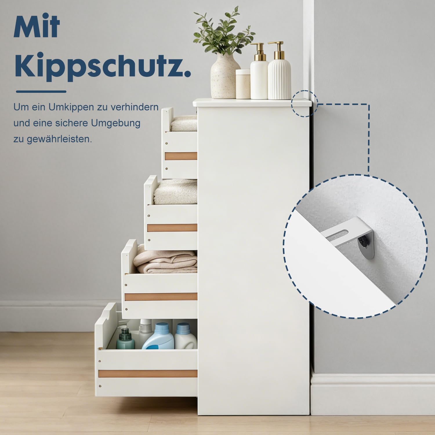 DUMOS Badezimmerschrank, MDF Kommode mit Schubladen, Badschrank Schmal Klein, Beistellschrank mit 4 Schubladen, 60 x 28.5 x 81 cm, für Badezimmer, Wohnzimmer, Schlafzimmer, Esszimmer, Küche, Weiß