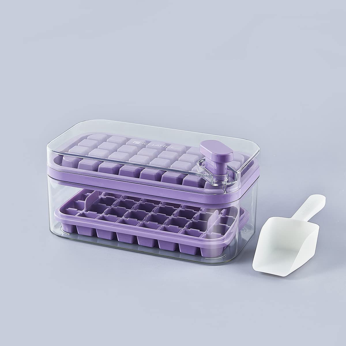 Ice Cube Tray with Lid, Food-Grade Silicone Ice Cube Mould, One Button Release All Ice Cubes, Reusable 64 Ice Cube Tray for Chilling Cocktail Whiskey Coffee, with Storage Bin+2 Trays+1 Scoop (Purple)