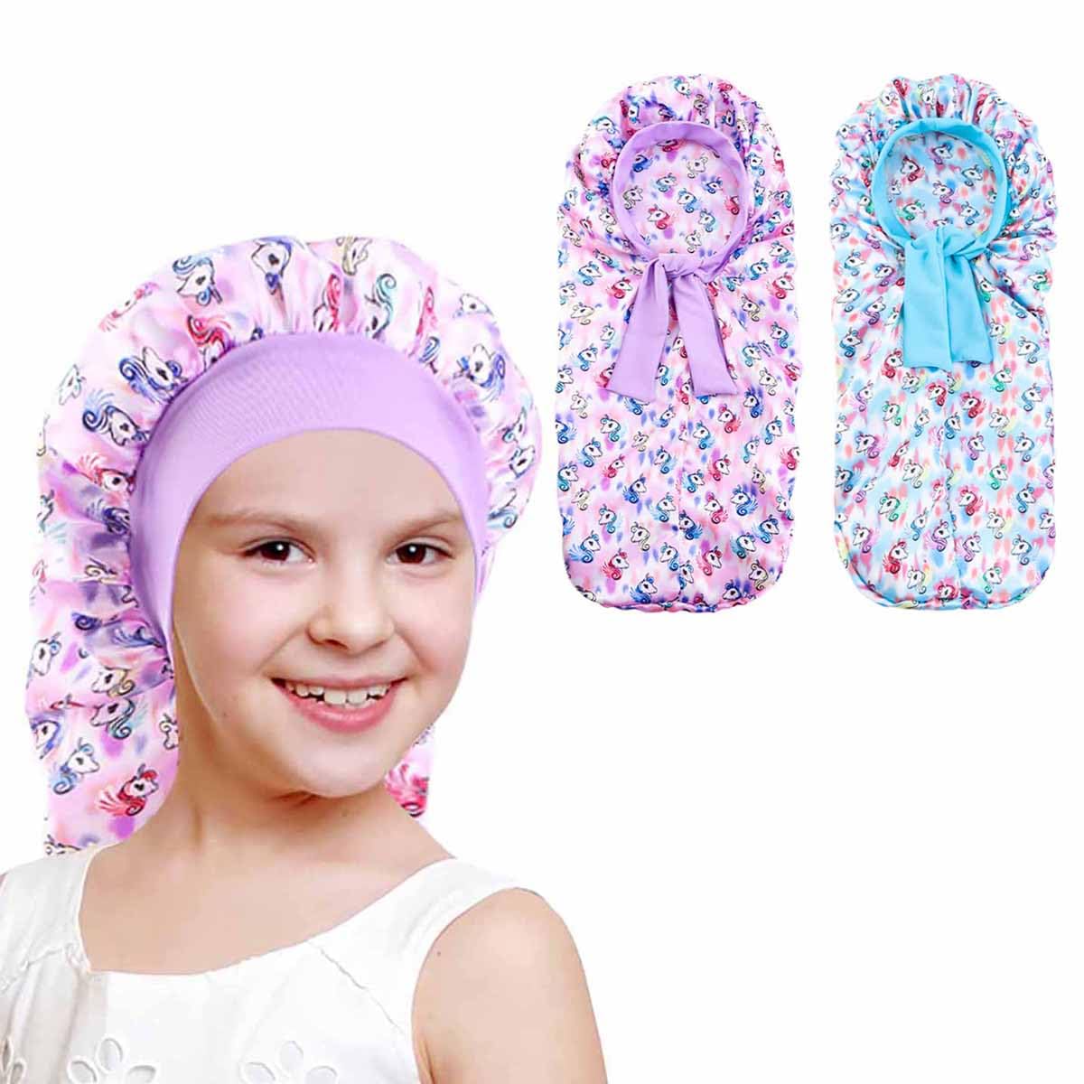 2PCS Girls Unicorn Hair Bonnet for Sleeping,Extra Long Satin Bonnet with Elastic Tie Band for Kids Braids Curly Hair