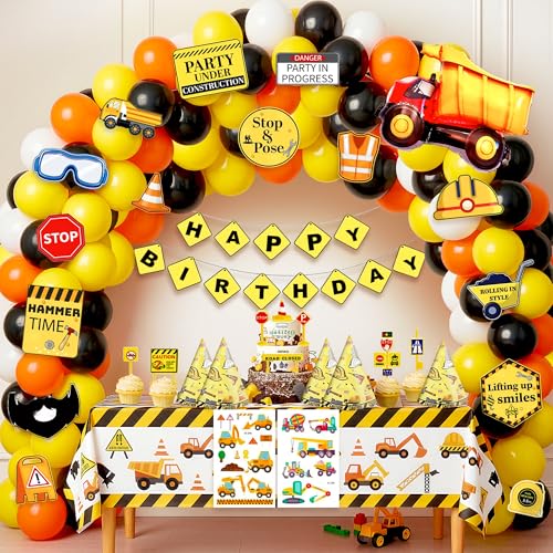 Image of Party Propz Construction Theme Birthday Decoration Kit for Boys-127 Pcs,Happy Birthday Decoration Kit with Balloons for Decorations, Banner, Caps, Cake Topper, Photobooth Props & Truck Foil Balloon