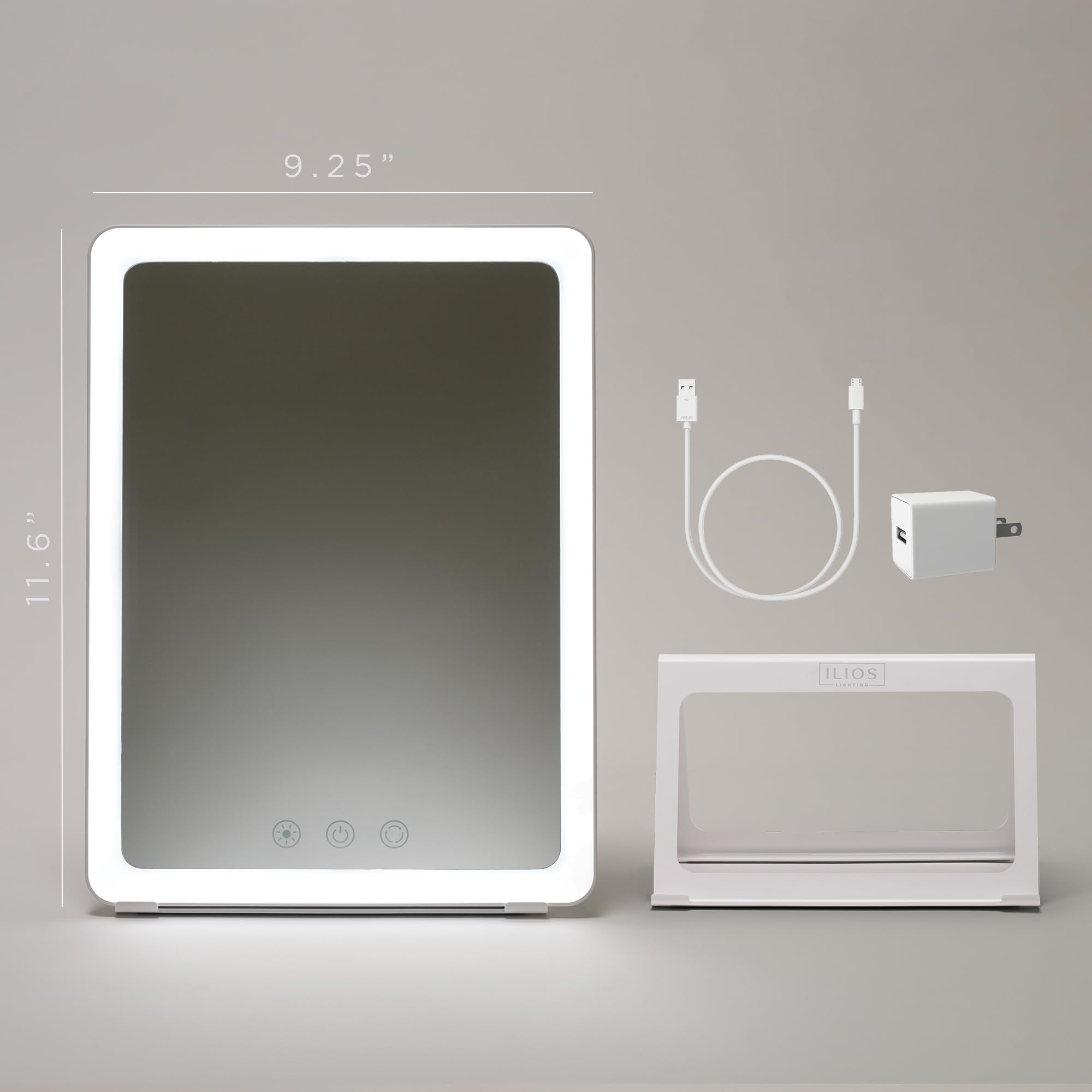 Ilios Lighting Tragbarer Make-up-Spiegel mit verstellbarem Ständer, dimmbarer LED-Beleuchtung, 3 Farbmodi und Touch-Steuerung, perfekt für Reisen, Schminktisch und Schönheit unterwegs