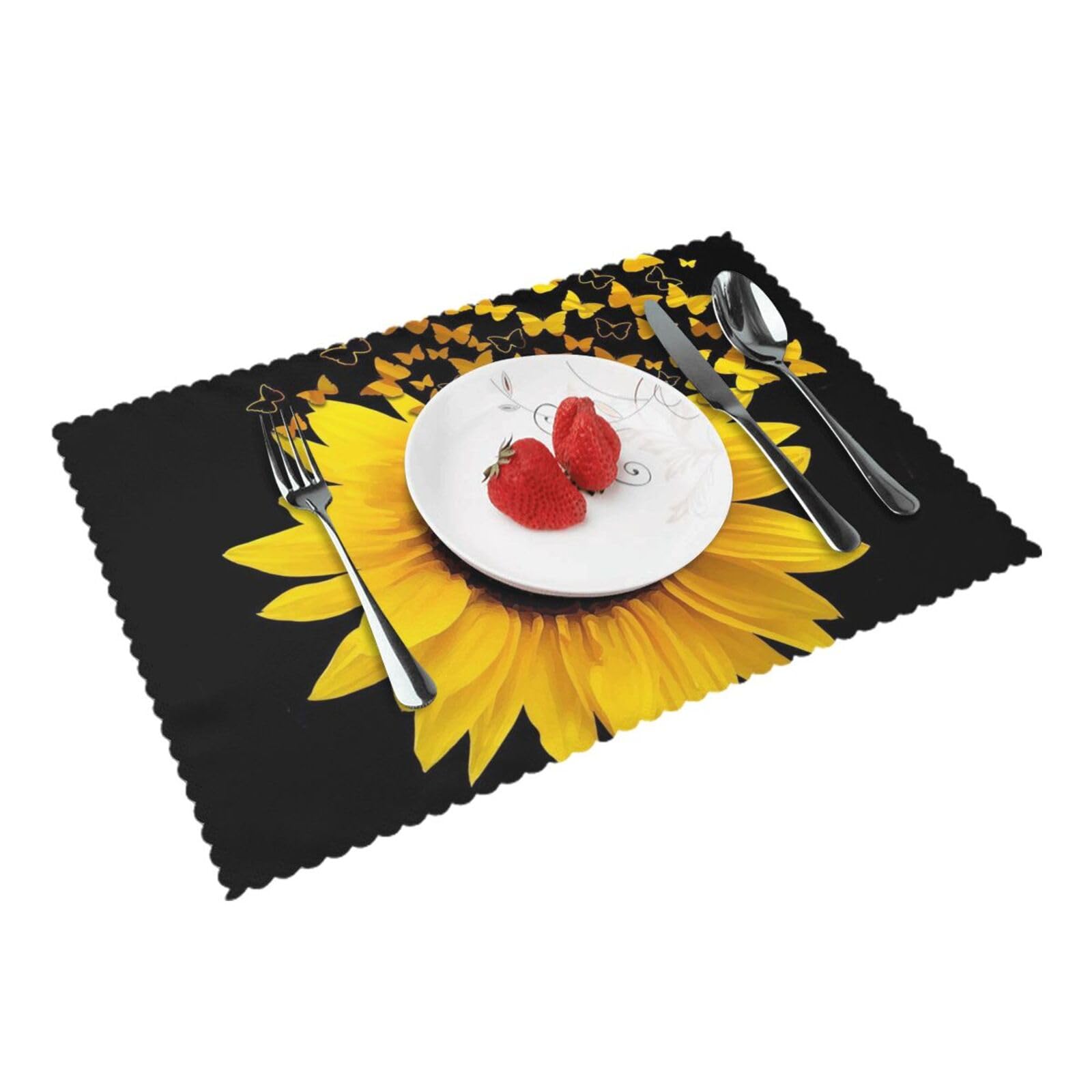 Bnvsadc Sunflower Floral Butterflies Art 4 Pcs Heat Resistant Placemat 45X30 Cm, Printed Non-Slip Place Mats For Kitchen Dining Table Indoor Outdoor