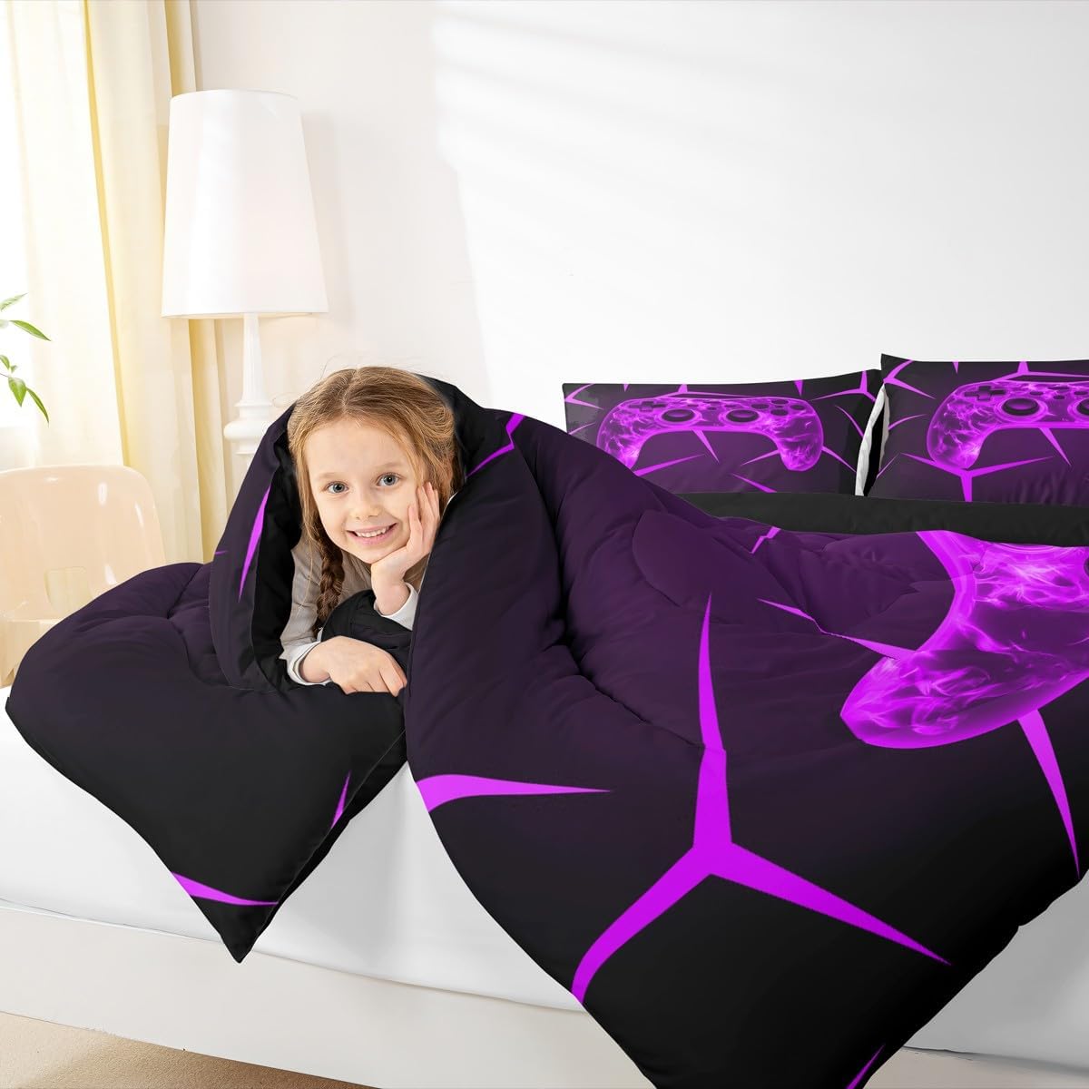 Black Purple Game Controller Bedding Sets Full Size,Stereoscopic Flame Gamepad Print Reversible Down Comforter Breathable Polyester Quilt Set,3D Neon Abstract Art Geometric Duvet Insert,2 Pillowcases