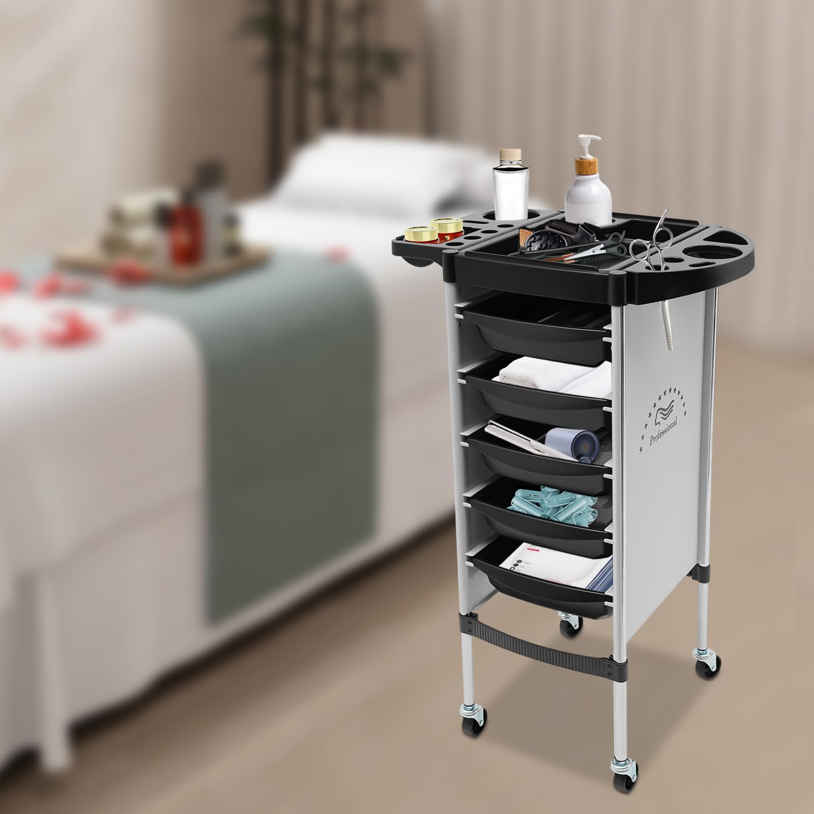 Carrito de peluquería con ruedas con 5 cajones y ruedas, carrito de trabajo peluquero para estilista peluquería peluquería peluquería spa blanco