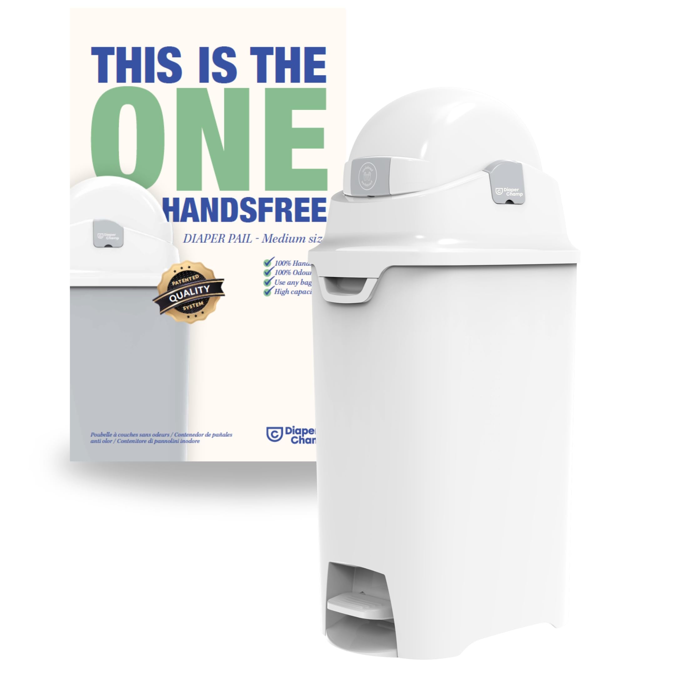 DIAPER CHAMP ONE Medium Handsfree mit Pedal - Windeleimer - geruchsdicht - berührungslose Bedienung - OHNE Nachfüllkassetten - für normale Müllbeutel - für ca. 45-50 Windeln (weiß)