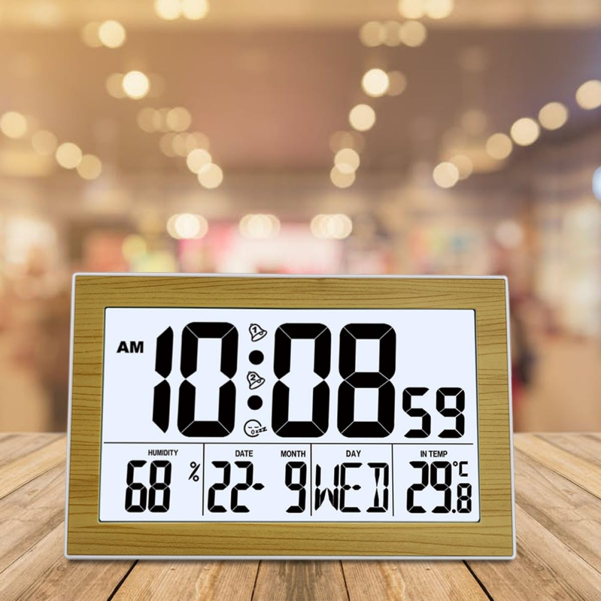 ULTECHNOVO Reloj Despertador Digital Multifunción de Pared y Sobremesa, Pantalla Grande Luz Trasera, Termómetro Integrado, Calendario Perpetuo, Color Madera Bambú, Adecuado para Hogar