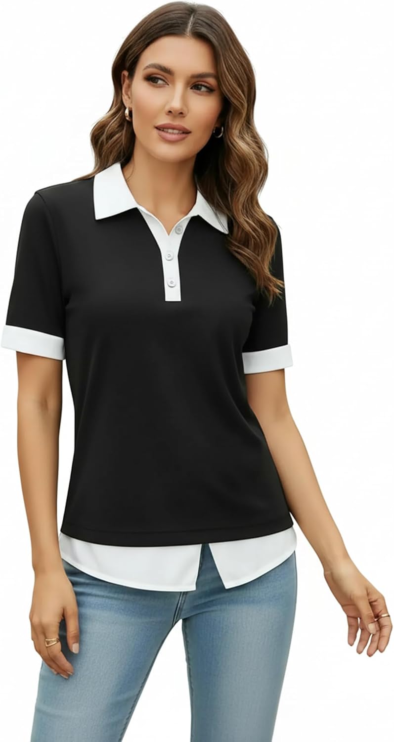 Disamer Womens Summer Tops Spring Fashion 2026 Short Sleeve Shirts Patchwork Button V Neck Tunic Tops Casual Work Blouses - Image 2