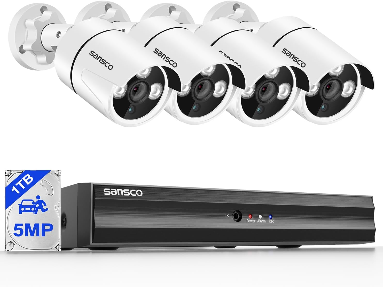 SANSCO 5MP 8 Channel Wired CCTV Security Camera System, 8CH DVR with 1TB Hard Drive, 4x 3K Home Outdoor Surveillance Cameras, Color Night Vision, Audio Recording, Human Face Vehicle Detection, P2P